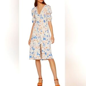 New BCBG Floral Midi Dress Smocked Sleeves Spring Dress  Original 128.00
